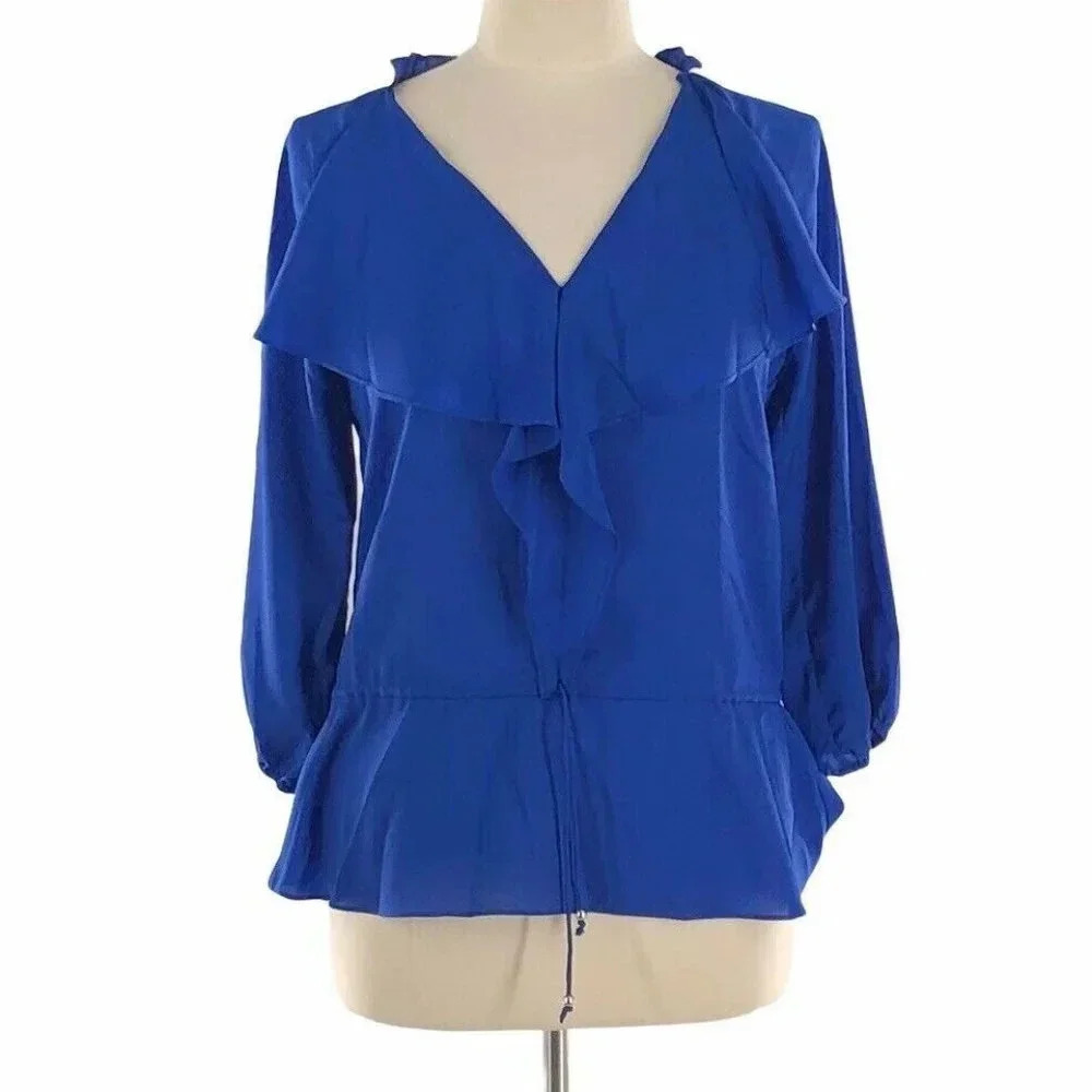 BOSTON PROPER Women’s Size 4 Blue Ruffle V-neck Long Sleeve Top
